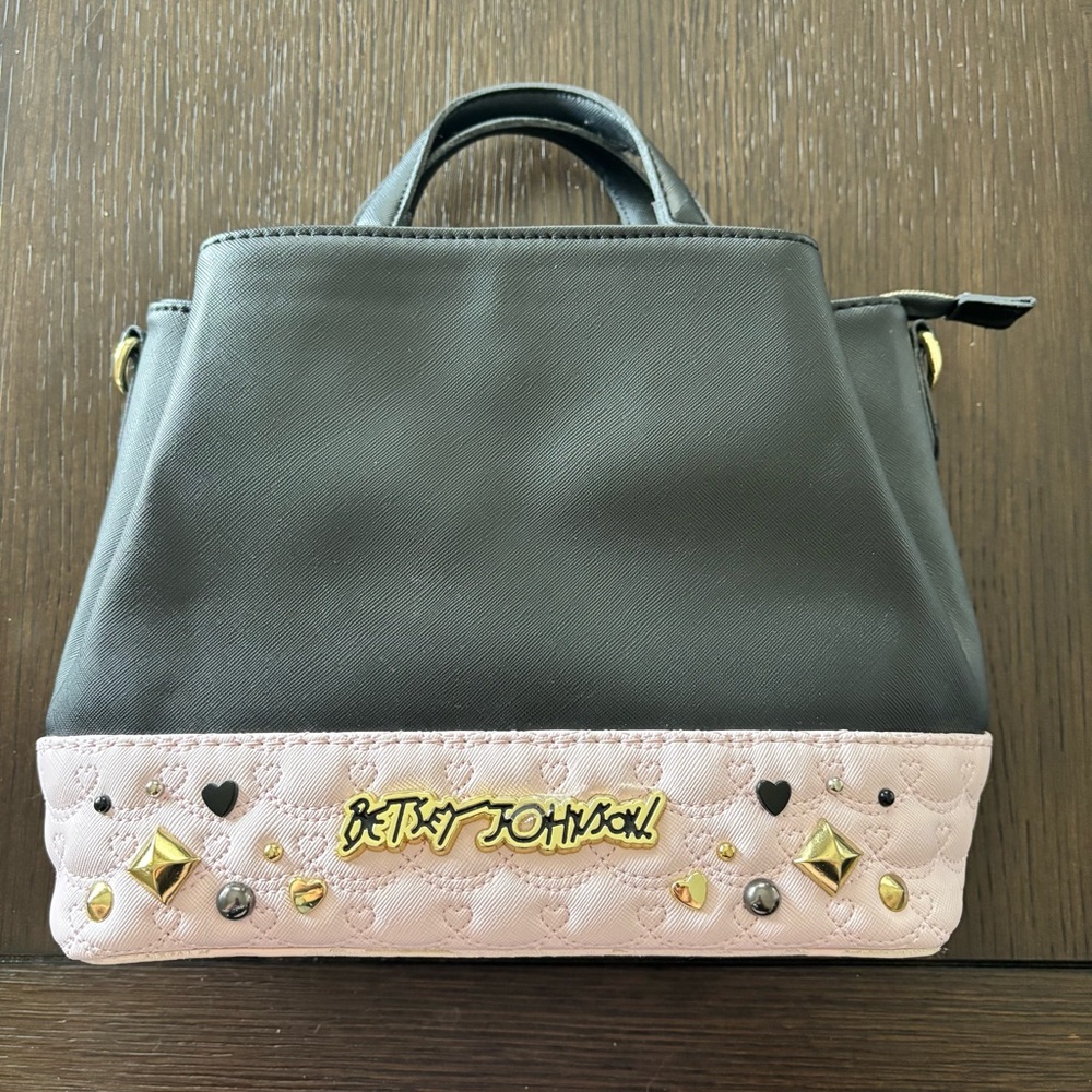 Betsey Johnson Studded Satchel Bag Black Pink Heart Quilted Logo Purse